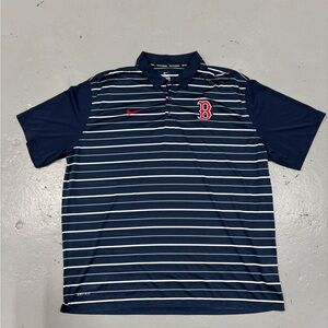 Nike Men's Blue and White Striped Polo Shirt Boston Red Sox
